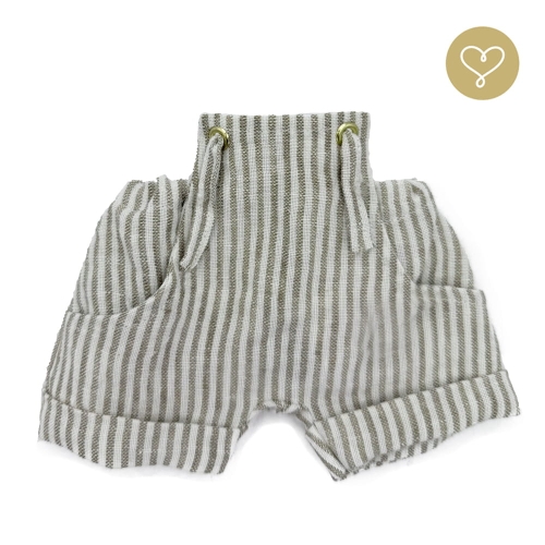 Spodnie ogrodniczki szorty na szelkach dla lalki 38 cm Lullu Dolls, krótkie, podwijane, z kieszeniami, w paseczki biało beżowe, len + bawełna