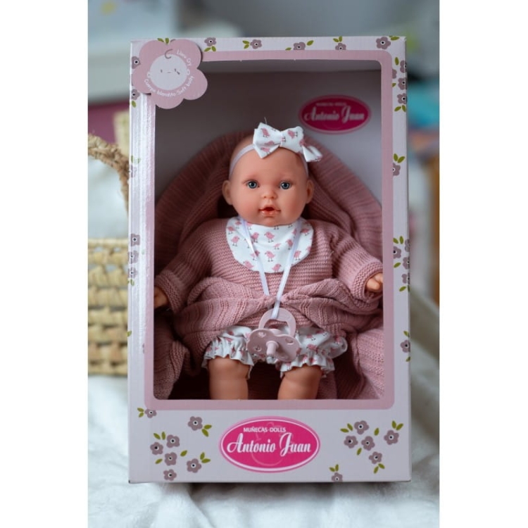 Lalka Hiszpańska 27 cm Antonio Juan 11325 Kika, bobas miękki brzuszek, płacze, mówi mama papa, bez włosów, w ubranku, magnetyczny smoczek, kocyk
