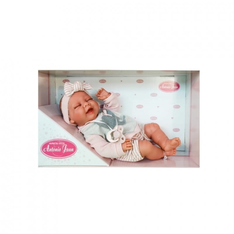 Lalka Hiszpańska 34 cm Antonio Juan 70401 śpiąca Lluna Posturitas, bobas, miękki brzuszek, oczy zamknięte na stałe, w ciele stelaż, który pozwala na zmiany pozycji, w ubranku, smoczek