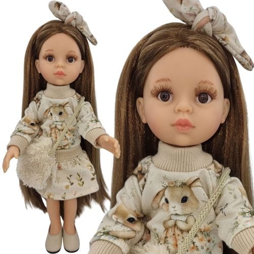 Komplet dla lalki Paola Reina Amigas 32 cm, kolor beż, wzór kwiatuszki i króliczek, bluza dresowa zapinana z tyłu na rzep, spódniczka, opaska na głowę, futrzana torebka