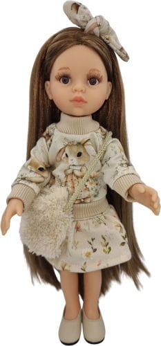 Komplet dla lalki Paola Reina Amigas 32 cm, kolor beż, wzór kwiatuszki i króliczek, bluza dresowa zapinana z tyłu na rzep, spódniczka, opaska na głowę, futrzana torebka