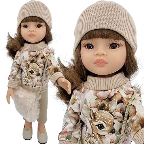 Komplet dla lalki Paola Reina Amigas 32 cm, kolor beż w sarenki i kwiaty, bluza dresowa zapinana z tyłu na rzep, spodenki, czapeczka, futrzana torebka