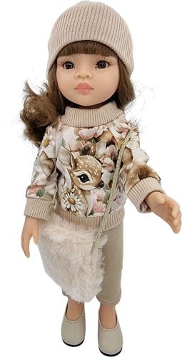 Komplet dla lalki Paola Reina Amigas 32 cm, kolor beż w sarenki i kwiaty, bluza dresowa zapinana z tyłu na rzep, spodenki, czapeczka, futrzana torebka