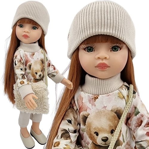 Komplet dla lalki Paola Reina Amigas 32 cm, kolor beż w misie, zwierzątka i kwiaty, bluza dresowa zapinana z tyłu na rzep, spodenki, czapeczka, futrzana torebka