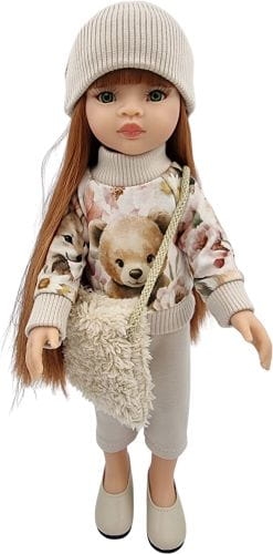 Komplet dla lalki Paola Reina Amigas 32 cm, kolor beż w misie, zwierzątka i kwiaty, bluza dresowa zapinana z tyłu na rzep, spodenki, czapeczka, futrzana torebka