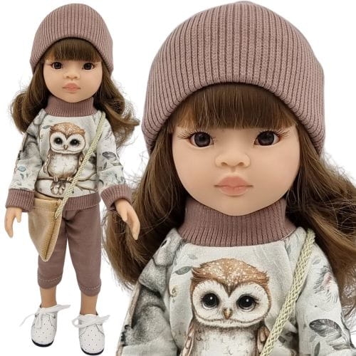 Komplet dla lalki Paola Reina Amigas 32 cm, kolor brąz i  szarość w sowy , bluza dresowa zapinana z tyłu na rzep, spodenki, czapeczka, futrzana torebka