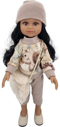 Komplet dla lalki Paola Reina Amigas 32 cm, kolor beż w wiewiórki , bluza dresowa zapinana z tyłu na rzep, spodenki, czapeczka, futrzana torebka