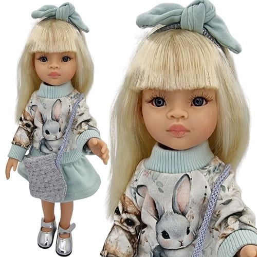 Komplet dla lalki Paola Reina Amigas 32 cm, kolor błękit i szary, zajączek, bluza dresowa zapinana z tyłu na rzep, spódniczka, opaska na głowę, torebka