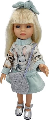 Komplet dla lalki Paola Reina Amigas 32 cm, kolor błękit i szary, zajączek, bluza dresowa zapinana z tyłu na rzep, spódniczka, opaska na głowę, torebka