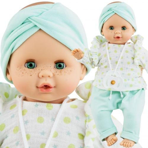 Lalka Hiszpańska 36 cm Paola Reina 08048 Sonia, bobas miękki brzuszek, zamyka oczy, płacze, mówi: mama, papa, bez włosów, opaska na głowę, bluzka, spodenki