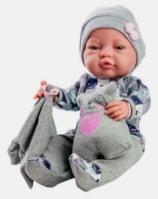 Oryginalne ubranko Paola Reina dla lalki 45 cm Bobas Bebita 55182, szary komplet: czapeczka, bluzka, półśpiochy, mały kocyk przytulanka, poduszka miś