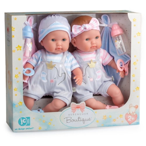 Lalka Hiszpańska 38 cm Berenguer 30050 Bliźniaki z akcesoriami, bobasy miękkie brzuszki, zamykają oczy, dziewczynka w ubranku w tonacji różowej, chłopczyk w ubranku w tonacji niebieskiej, buciki, smoczki, małe kocyki przytulanki, buteleczki