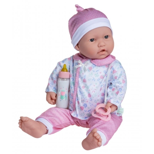 Lalka Hiszpańska 51 cm Berenguer 15345 La Baby, bobas z miękkim brzuszkiem, czapeczka, bluzeczka, spodenki, różowy smoczek przyszyty do ubranka, magiczna buteleczka z mlekiem