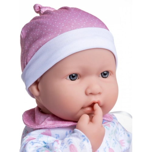 Lalka Hiszpańska 51 cm Berenguer 15345 La Baby, bobas z miękkim brzuszkiem, czapeczka, bluzeczka, spodenki, różowy smoczek przyszyty do ubranka, magiczna buteleczka z mlekiem