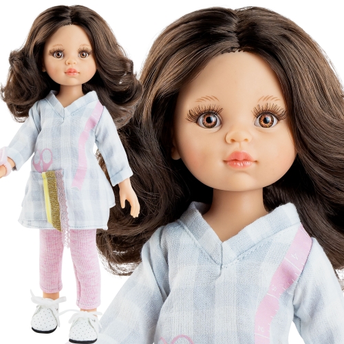 Lalka Hiszpańska 32 cm Paola Reina Amigas 04707 Carol krawcowa, klasyczna, cała z winylu, brązowe oczy, brązowe włosy, tunika, różowe legginsy, wiązane buciki