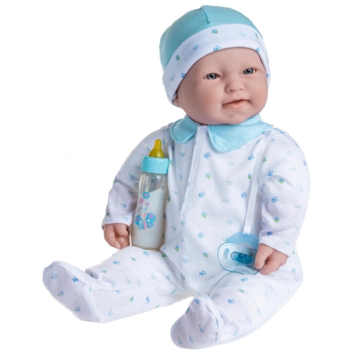 Lalka Hiszpańska 51 cm Berenguer 15344 La Baby, bobas z miękkim brzuszkiem, czapeczka, pajacyk w niebieskie kwiatuszki, niebieski smoczek przyszyty do ubranka, magiczna buteleczka z mlekiem