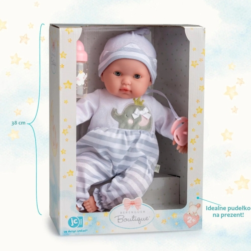 Lalka Hiszpańska 38 cm Berenguer 30044 Noni z akcesoriami i ubrankiem, bobas z miękkim brzuszkiem, zamyka oczy, 2 komplety ubranek biało-niebieskich, niebieski smoczek, niebieskie buciki, talerzyk, łyżeczka, nożyk, buteleczka, grzechotka
