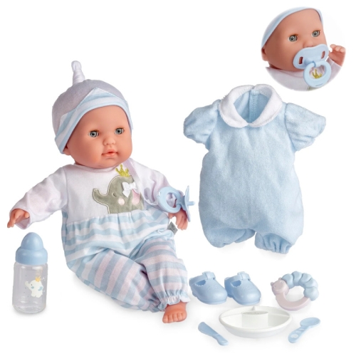 Lalka Hiszpańska 38 cm Berenguer 30044 Noni z akcesoriami i ubrankiem, bobas z miękkim brzuszkiem, zamyka oczy, 2 komplety ubranek biało-niebieskich, niebieski smoczek, niebieskie buciki, talerzyk, łyżeczka, nożyk, buteleczka, grzechotka
