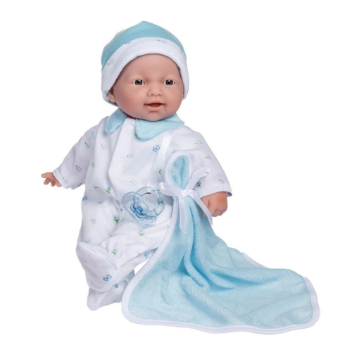 Lalka Hiszpańska 28 cm Berenguer 13111 La Baby, bobas z miękkim brzuszkiem, czapeczka, pajacyk w niebieskie kwiatuszki, niebieski smoczek przyszyty do ubranka, mały niebieski kocyk