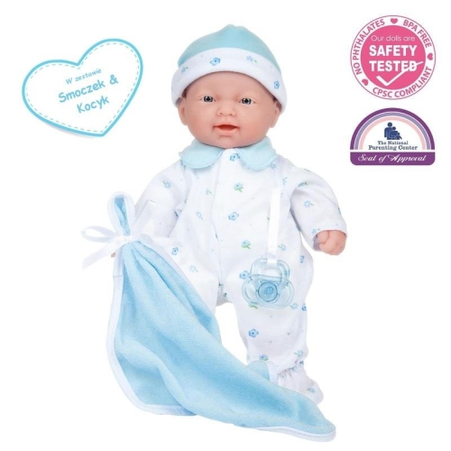 Lalka Hiszpańska 28 cm Berenguer 13111 La Baby, bobas z miękkim brzuszkiem, czapeczka, pajacyk w niebieskie kwiatuszki, niebieski smoczek przyszyty do ubranka, mały niebieski kocyk