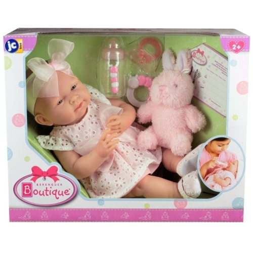 Lalka Hiszpańska 38 cm Berenguer 18059 Elena, bobas cały z winylu, dziewczynka, różowo-białe ubranko: sukienka, materiałowe buciki, opaska na głowę, różowy smoczek, buteleczka, grzechotka, zabawka miś