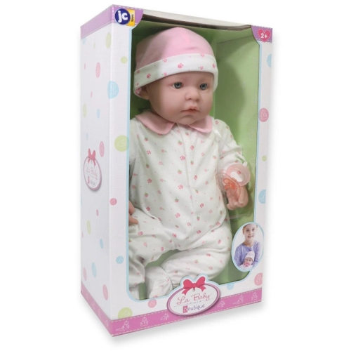 Lalka Hiszpańska 51 cm Berenguer 15340 La Baby, bobas z miękkim brzuszkiem, czapeczka, pajacyk w różowe poziomki, różowy smoczek przyszyty do ubranka, magiczna buteleczka z mlekiem