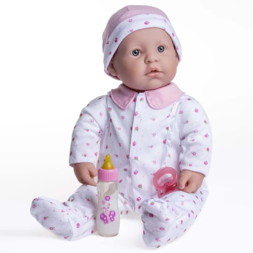 Lalka Hiszpańska 51 cm Berenguer 15340 La Baby, bobas z miękkim brzuszkiem, czapeczka, pajacyk w różowe poziomki, różowy smoczek przyszyty do ubranka, magiczna buteleczka z mlekiem