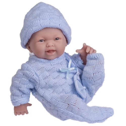 Lalka Hiszpańska 25 cm Berenguer 18452 La Newborn, bobas cały z winylu, chłopiec, niebieska czapeczka i pajacyk, niebieski smoczek
