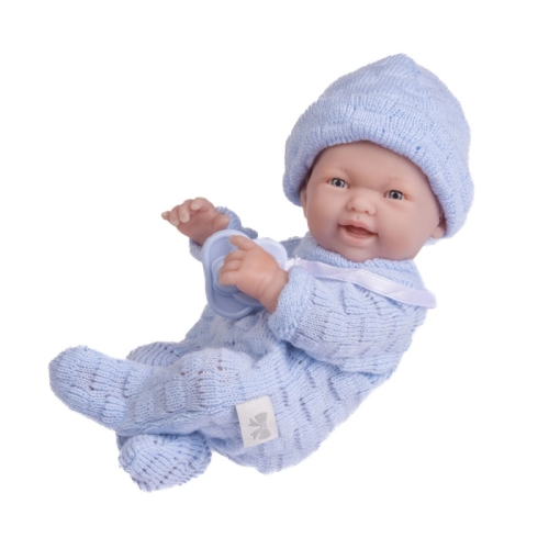 Lalka Hiszpańska 25 cm Berenguer 18452 La Newborn, bobas cały z winylu, chłopiec, niebieska czapeczka i pajacyk, niebieski smoczek