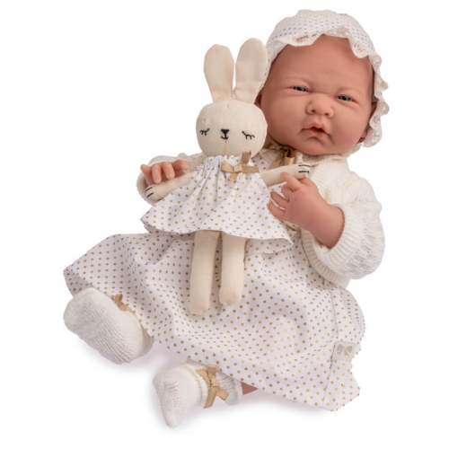 Lalka Hiszpańska 38 cm Berenguer 18793 Newborn Royal, bobas, miękki brzuszek, czapeczka, biała sukienka w groszki, skarpetki, maskotka królik