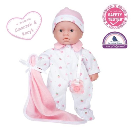 Lalka Hiszpańska 28 cm Berenguer 13107 La Baby, bobas z miękkim brzuszkiem, czapeczka, pajacyk w różowe kwiatuszki, różowy smoczek przyszyty do ubranka, mały różowy kocyk