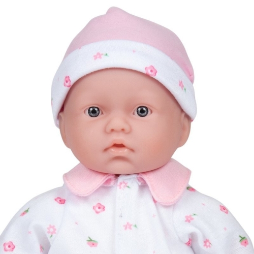 Lalka Hiszpańska 28 cm Berenguer 13107 La Baby, bobas z miękkim brzuszkiem, czapeczka, pajacyk w różowe kwiatuszki, różowy smoczek przyszyty do ubranka, mały różowy kocyk