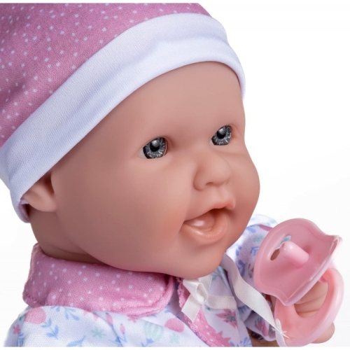 Lalka Hiszpańska 40 cm Berenguer 15034 La Baby, bobas z miękkim brzuszkiem, czapeczka, bluzeczka, spodenki, różowy smoczek przyszyty do ubranka, magiczna buteleczka z mlekiem