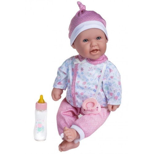 Lalka Hiszpańska 40 cm Berenguer 15034 La Baby, bobas z miękkim brzuszkiem, czapeczka, bluzeczka, spodenki, różowy smoczek przyszyty do ubranka, magiczna buteleczka z mlekiem