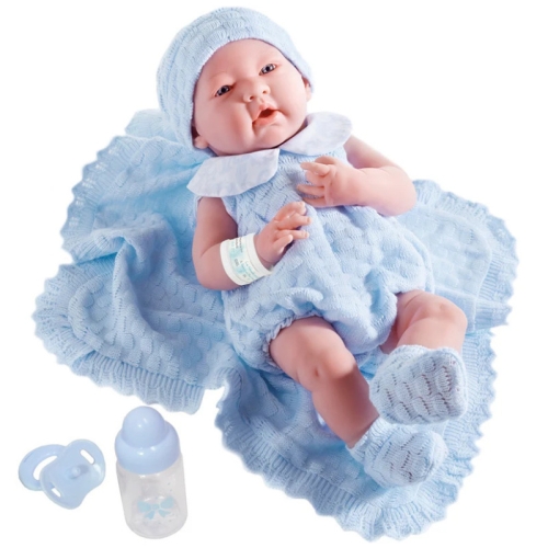 Lalka Hiszpańska 38 cm Berenguer 18054 La Newborn Azul, bobas cały z winylu, chłopiec, niebieskie ubranko: dzianinowe body, skarpetki i czapeczka, niebieski kocyk, niebieski smoczek, buteleczka