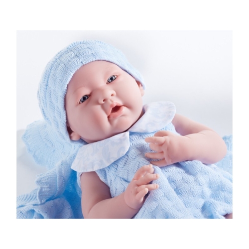 Lalka Hiszpańska 38 cm Berenguer 18054 La Newborn Azul, bobas cały z winylu, chłopiec, niebieskie ubranko: dzianinowe body, skarpetki i czapeczka, niebieski kocyk, niebieski smoczek, buteleczka
