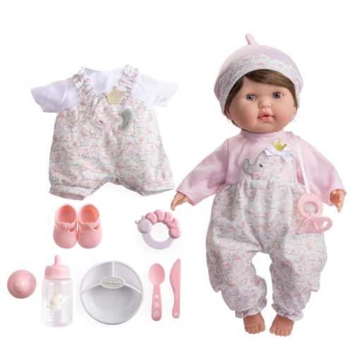 Lalka Hiszpańska 38 cm Berenguer 30046 Noni z akcesoriami i ubrankiem, bobas z miękkim brzuszkiem, ciemne włoski, zamyka oczy, 2 komplety ubranek, różowy smoczek, różowe buciki, talerzyk, łyżeczka, nożyk, buteleczka, grzechotka