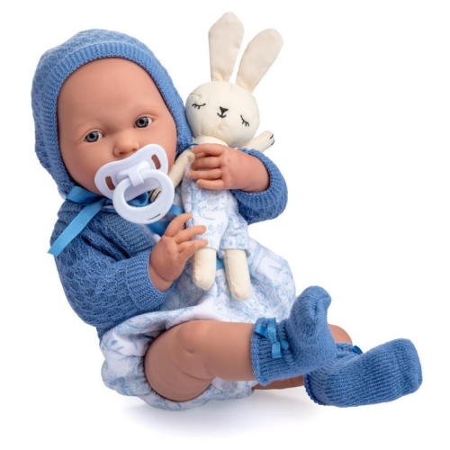 Lalka Hiszpańska 38 cm Berenguer 18068 La Newborn Azul, bobas cały z winylu, chłopiec, body, niebieski sweterek, czapeczka i skarpetki, smoczek, maskotka króliczek