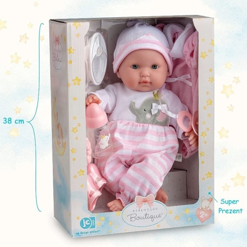 Lalka Hiszpańska 38 cm Berenguer 30040 Noni z akcesoriami i ubrankiem, bobas z miękkim brzuszkiem, zamyka oczy, 2 komplety ubranek biało-różowych, różowy smoczek, różowe buciki, talerzyk, łyżeczka, nożyk, buteleczka, grzechotka