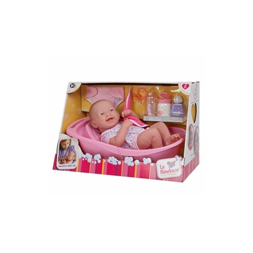 Lalka Hiszpańska 36 cm Berenguer 18570 La Newborn z akcesoriami, bobas cały z winylu, nie ma zaznaczonej płci, body, mały ręcznik, pieluszka, różowa wanienka, smoczek, buteleczka, 2 buteleczki na kosmetyki, grzebień, grzechotka