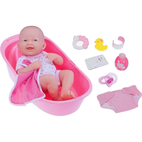 Lalka Hiszpańska 36 cm Berenguer 18570 La Newborn z akcesoriami, bobas cały z winylu, nie ma zaznaczonej płci, body, mały ręcznik, pieluszka, różowa wanienka, smoczek, buteleczka, 2 buteleczki na kosmetyki, grzebień, grzechotka