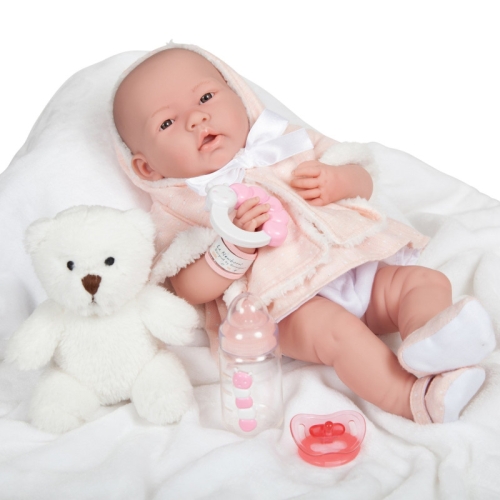 Lalka Hiszpańska 38 cm Berenguer 18065 Real Girl, bobas cały z winylu, dziewczynka, sukienka, majteczki, narzutka z kapturem, materiałowe buciki, smoczek, buteleczka, grzechotka, maskotka miś