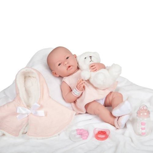 Lalka Hiszpańska 38 cm Berenguer 18065 Real Girl, bobas cały z winylu, dziewczynka, sukienka, majteczki, narzutka z kapturem, materiałowe buciki, smoczek, buteleczka, grzechotka, maskotka miś