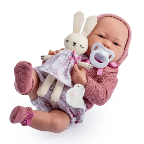 Lalka Hiszpańska 38 cm Berenguer 18067 La Newborn Julia, bobas cały z winylu, dziewczynka, ubranko w tonacji różu:  sukienka, bloomersy, sweterek, czapeczka i skarpetki, smoczek, maskotka króliczek