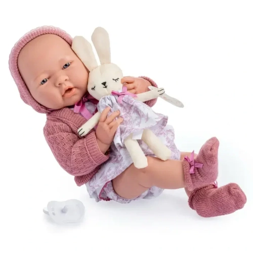 Lalka Hiszpańska 38 cm Berenguer 18067 La Newborn Julia, bobas cały z winylu, dziewczynka, ubranko w tonacji różu:  sukienka, bloomersy, sweterek, czapeczka i skarpetki, smoczek, maskotka króliczek