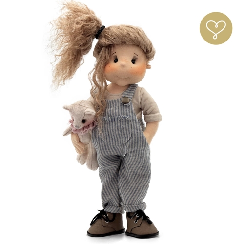 Spodnie ogrodniczki 7 dla lalki 38 cm Lullu Dolls, kieszenie boczne i jedna na przodzie, z lnu, w paseczki