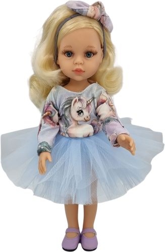 Komplet dla lalki Paola Reina Amigas 32 cm, bluzeczka dresowa w jednorożce zapinana z tyłu na rzep, spódniczka tiulowa błękitna, opaska na głowę