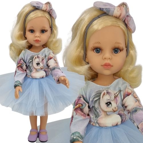 Komplet dla lalki Paola Reina Amigas 32 cm, bluzeczka dresowa w jednorożce zapinana z tyłu na rzep, spódniczka tiulowa błękitna, opaska na głowę