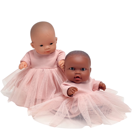 Sukienka z tiulem dla lalki Miniland 21 cm i Paola Reina Peques 21 cm - brzoskwiniowa, suto marszczona, długi rekaw, zapinana na rzep
