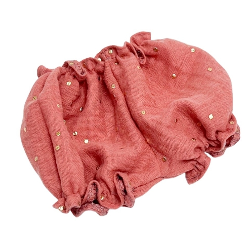 Bloomersy muślinowe dla lalki Miniland 38 cm, Paola Reina 34 cm i Minikane 34 cm - Marsala w złote kropki